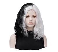 LIKPOJA Women’s Cruella Deville Wigs - Black and White Short Curly with Fringe, Long Curly Wavy Bangs for Ladies Halloween Cosplay, Fancy Dress Party Hair