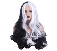 LIKPOJA Women’s Cruella Deville Wigs - Black and White Short Curly with Fringe, Long Curly Wavy Bangs for Ladies Halloween Cosplay, Fancy Dress Party Hair