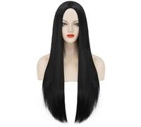 LIKPOJA Women's Addams Family Morticia Long Black Straight Wigs Halloween Cosplay Witch Wigs for Halloween Cosplay Party(Black C)