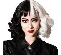 LIKPOJA Women's Cruella Deville Wigs - Black and White Short Curly Fringe, Long Curly Wavy Bangs for Ladies Halloween Cosplay, Fancy Dress Party Hair