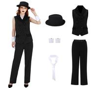 LIKUNGOU Ladies Mafia Pinstripe Costume Women 1920s Gangster Fancy Dress Set Outfit Halloween Carnival Party Suit (S)
