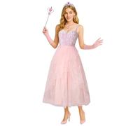 LIKUNGOU Womens Glinda Costume Pink Sequins Tulle Puffy Dress Witch Wand Crown Accessories Halloween Outfit (XL)