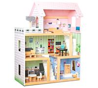 Lil' Jumbl Kids Wooden Dollhouse, 17-Piece Accessories & Furniture are Included, with Balcony & Stairs, 3 Story Easy to Assemble Doll House Toy - Pink