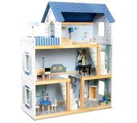 Lil' Jumbl Kids Wooden Dollhouse, 17-Piece Accessories & Furniture are Included, with Balcony & Stairs, 3 Story Easy to Assemble Doll House Toy - Blue
