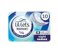 Lil-Lets Freshlock Ultra Thin Period Pads - 10 Count (1 Pack), Night Absorbency, with Wings, Unscented, 100% Cotton Cover, Nightime Sanitary Towels