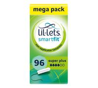 Lil-Lets Non-Applicator Super Plus Tampons X 96, (6 Packs of 16 Tampons), For Heavy Flow, 4 Droplets, Plant-Based, SmartFit Non-App Tampon
