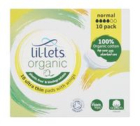 Lil-Lets Organic Cotton Normal Pads, 10 Count, Ultra Thin, with Wings, for Light to Medium Flow, GOTS Certified, Plastic Free, Biodegradable, 100% Organic Cotton Top Cover and Absorbent Core