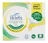 Lil-Lets Organic Cotton Normal Pads, 10 Count, Ultra Thin, with Wings, for Light to Medium Flow, GOTS Certified, Plastic Free, Biodegradable, 100% Or