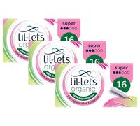 Lil-Lets Organic Non-Applicator Super Tampons, 16 Count (Pack of 3), for Medium to Heavy Flow, Made with 100% Organic Cotton, GOTS Certified, Vegan Organic Tampons, Plastic Free Period Care