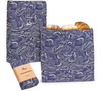 Li'l Things Eco-friendly Reusable Beeswax Bread bags | Improved Beeswax Coating | Set of 2 Sizes |13'x13' & 15’x9’ | 6 Different Themes | Home-Baked Store-Bought Bread | Japanese Araumi Waves