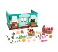 Li'l Woodzeez Honeysuckle Hollow General Store Playset, 69 Pieces, Playsets | General store dollhouse playset with counter, groceries, tools, apron, food scale, and sign for pretend play, 3+ Years