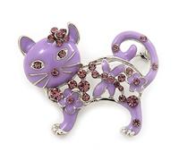 Lilac Crystal Enamel Cat Brooch In Silver Plating - 4.5cm Length