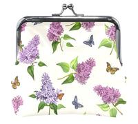 Lilac Flowers Purple Lavender Beige Personalized Leather Coin Purse for Women Girls Buckle Kiss Lock Money Change Pouch Girls, Lilac Flowers Purple Lavender Beige, Classic