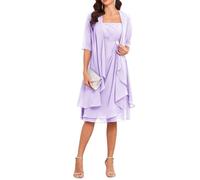 Lilac Half Sleeve Mother of The Bride Dresses with Jacket for Wedding Short Chiffon 2 Pieces Mother Groom Dresses UK16