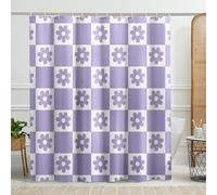 Lilac Shower Curtain Checkered Cute Floral Cartoon Pattern Fashion Modern Girly Country Violet White Polyester Decorative Waterproof Washable Bathroom Room Home Shower Curtain with Hooks 62x72inch