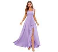 Lilac Wonen's Square Neck Chiffon Bridesmaid Dresses Spaghetti Straps Long Formal Evening Gown A Line Wedding Guest Dress with Slit 26 Plus