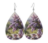 Lilacs Teapot Scenic Painting Earrings for Women, Leather Earrings Teardrop for Women Trendy, Tear Drop Earrings Jewelry