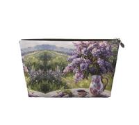Lilacs Teapot Scenic Painting Leather Makeup Bag, Travel Cosmetic Toiletry Bag for Women, Large Capacity Makeup Pouch, Zipper Makeup Bag Organizer