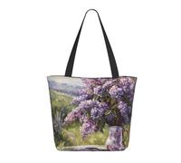 Lilacs Teapot Scenic Painting Tote Bag for Women - Lightweight Reusable Canvas Tote Bag with Zipper,Hand Strap Cotton Tote Bags Bulk for Grocery Bags,Shopping Bags
