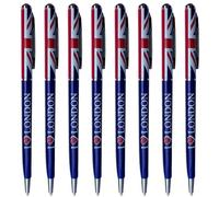 LILAJ I Love London Pen with Union Jack, 8 Black Pens with Blue and Red Crystal Tops with Twist Closure, Cute School and Teacher Stationery, Great Addition to Pencil Case, Back to School Supplies