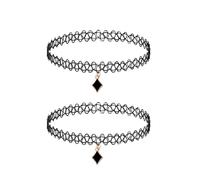 LilaLemon 2-Pack Black Choker Necklace, 90s Style Gothic Lace Stretchable Chokers for Women, Retro Punk Elastic Choker Set B