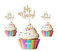 LilaLemon 48pcs Oh Baby Cupcake Toppers Picks, Glitter Cake Toppers,Baby Shower Cupcake Decorations for Kids, Boy or Girl Theme Cupcake Toppers, Birthday Party Supplies