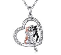 LILALO Sterling Silver Nightmare Necklace for Women Jack and Sally Crystal Necklace Moon Jewelry Christmas Gifts I Love to The Moon and Back Pendant Skull Jewelry for Teen Girls, Sterling Silver,