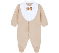 Lilax Baby Boy Gentleman Footie Christmas Stylish Tuxedo Outfit with Bow Tie (Newborn, Beige)