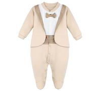 Lilax Baby Boy Gentleman Tuxedo Footie Christmas Holiday Outfit with Bow Tie (9 Months, Beige)