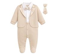 Lilax Baby Boy Gentleman Tuxedo Footie One-piece Outfit with Bow Tie (Beige, 6 Months)