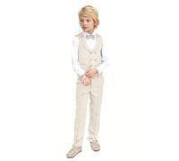 Lilax Boys Suit Set Slim Fit Vest, White Dress Shirt, Dress Pants and Bowtie 4 Piece Formal Suit Set (7 Years, Beige)