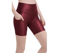Lilax Girls Athletic Shorts with Pocket High Waisted Shiny Biker Shorts for Dance Yoga Gymnastics (Burgundy, 9-10 Years)