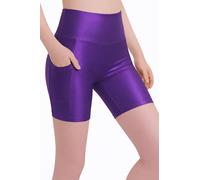 Lilax Girls Athletic Shorts with Pocket High Waisted Shiny Biker Shorts for Dance Yoga Gymnastics (Purple, 9-10 Years)