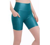 Lilax Girls Athletic Shorts with Pocket High Waisted Shiny Biker Shorts for Dance Yoga Gymnastics (Teal, 5-6 Years)