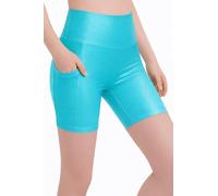Lilax Girls Athletic Shorts with Pocket High Waisted Shiny Biker Shorts for Dance Yoga Gymnastics (Turquoise, 9-10 Years)