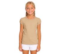 Lilax Girls' Basic Short Puff Sleeve Round Neck Cotton T-Shirt (9, Beige)