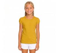 Lilax Girls' Basic Short Puff Sleeve Round Neck Cotton T-Shirt (9, Mustard)