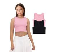 Lilax Girls Crop Top Ribbed Knit Sleeveless 2 Pack Basic Cropped Tank (Pink-Black, 14 Years)