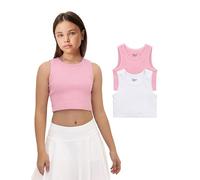 Lilax Girls Crop Top Ribbed Knit Sleeveless 2 Pack Basic Cropped Tank (White-Pink, 6 Years)