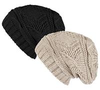 Lilax Knit Slouchy Oversized Soft Warm Winter Beanie Hat Black/Beige - 2 Pack