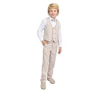 Lilax Toddler Boys Suit Set - Formal Vest, White Shirt, Dress Pants, Bowtie (9 Years, Beige)