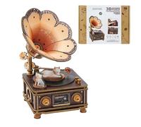 Lilcubics 3D Wooden Puzzles for Adults Music Box - Mechanical Gramophone DIY Model Kit - Vintage Record Player with Rotating Cats - Unique Gifts for Women & Gifts for Her Plays Mozart’s Lullaby