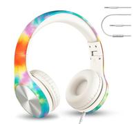 LilGadgets Connect+ Pro Girls Headphones for School - Designed with Kids' Comfort in Mind, Foldable Over-Ear Headset with in-line Microphone, Headphones for Kids for School, Tie Dye Rainbow