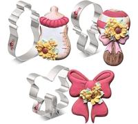 LILIAO Baby Shower Cookie Cutter Set - 3 Piece - Bottle, Rattle and Bow/Ribbon Biscuit Fondant Cutters - Stainless Steel