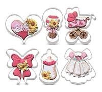 LILIAO Baby Shower Cookie Cutter Set - 6 Piece - Feeding Bottle, Rattle, Heart, Carriage, Princess Dress and Bow/Ribbon Biscuit Fondant Cutters - Stainless Steel