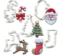 LILIAO Christmas Cookie Cutter Set - 6 Piece - Christmas Tree with Star, Santa Face, Gingerbread Man, Reindeer, Candy Cane with Bow and Stocking Biscuit Fondant Sandwich Cutters - Stainless Steel