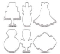 LILIAO Wedding Cookie Cutter Set for Anniversary/Bridal/Engagement - 6 Piece - Diamond Ring, Wedding Dress, Cake, Plaque, Champagne with Ribbon and Champagne Glass with Ribbon - Stainless Steel