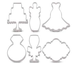 LILIAO Wedding Cookie Cutter Set for Anniversary/Bridal/Engagement - 6 Piece - Diamond Ring, Wedding Dress, Cake, Plaque, Champagne with Ribbon and Champagne Glass with Ribbon - Stainless Steel