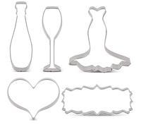LILIAO Wedding Cookie Cutter Set for Anniversary/Bridal/Engagement - 6 Piece - Wedding Diamond Rings, Heart, Wedding Dress, Plaque, Champagne and Champagne Glass Fondant Cutters - Stainless Steel
