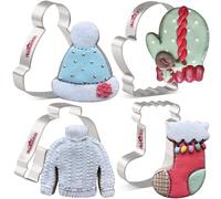 LILIAO Winter Holiday Christmas Cookie Cutter Set - 4 Piece - Ugly Sweater, Stocking, Hat and Mitten Fondant Biscuit Cutters - Stainless Steel